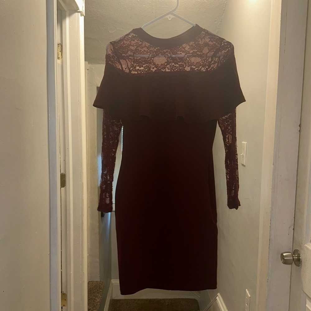 Burgundy mesh long sleeve dress